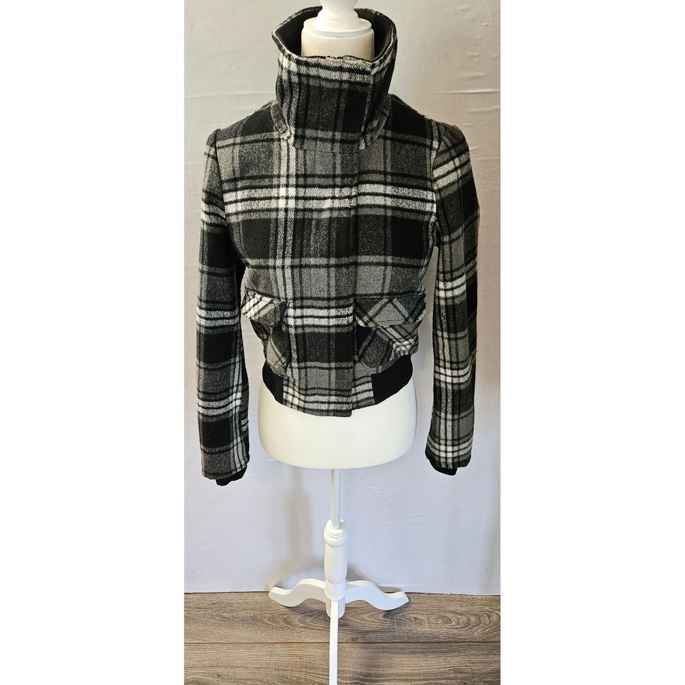 Y2K 21 Plaid Bomber Jacket Black Grey White Funnel Neck Cropped Small
